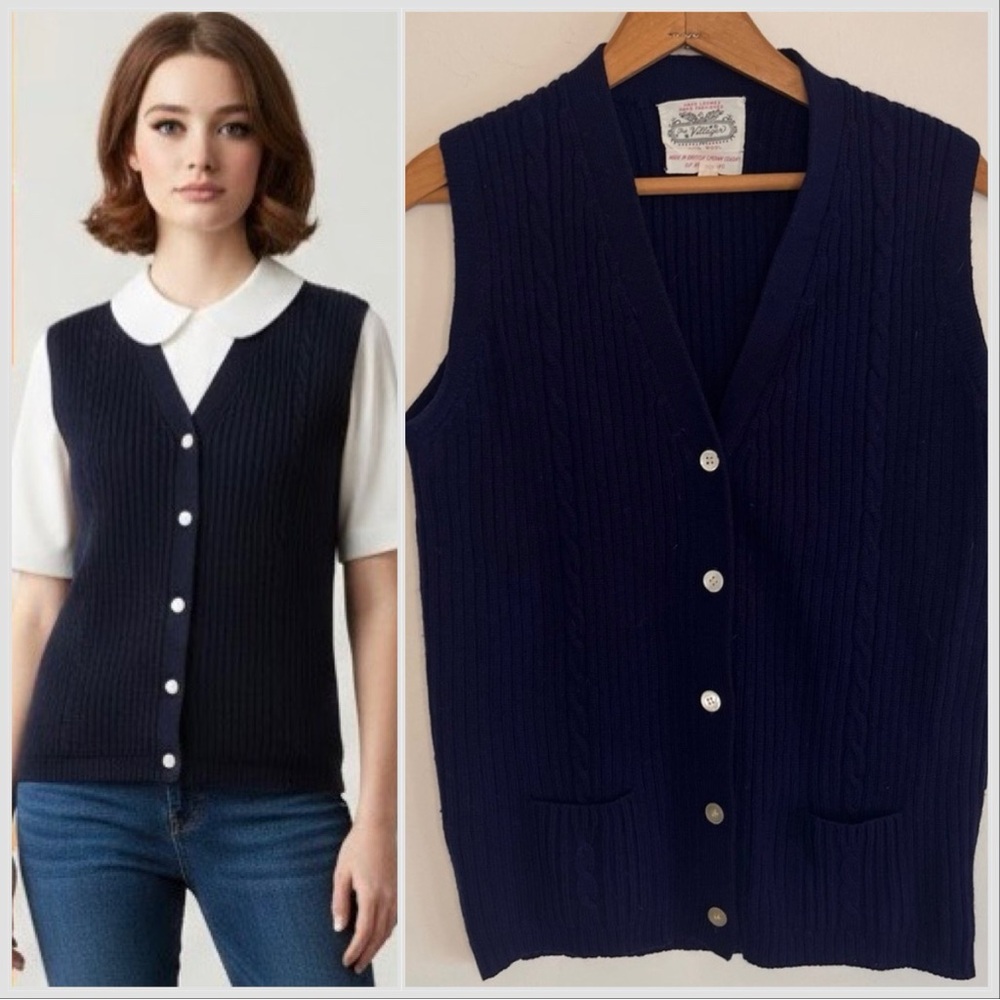 Navy Cable Knit Button-Front Sweater Vest